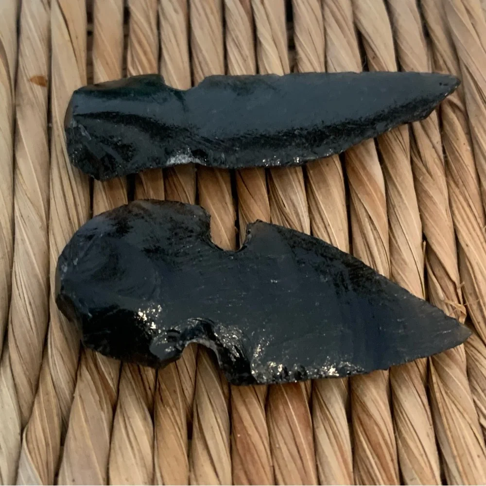 2 Black Obsidian Arrowheads Points Hand Knapped Dragon Glass Arrowhead Set 1.7